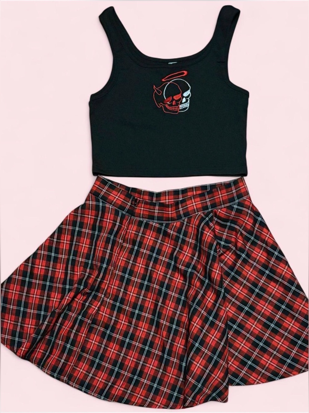 SHEIN black/red plaid skirt and top set with skull graphic, size S EUC